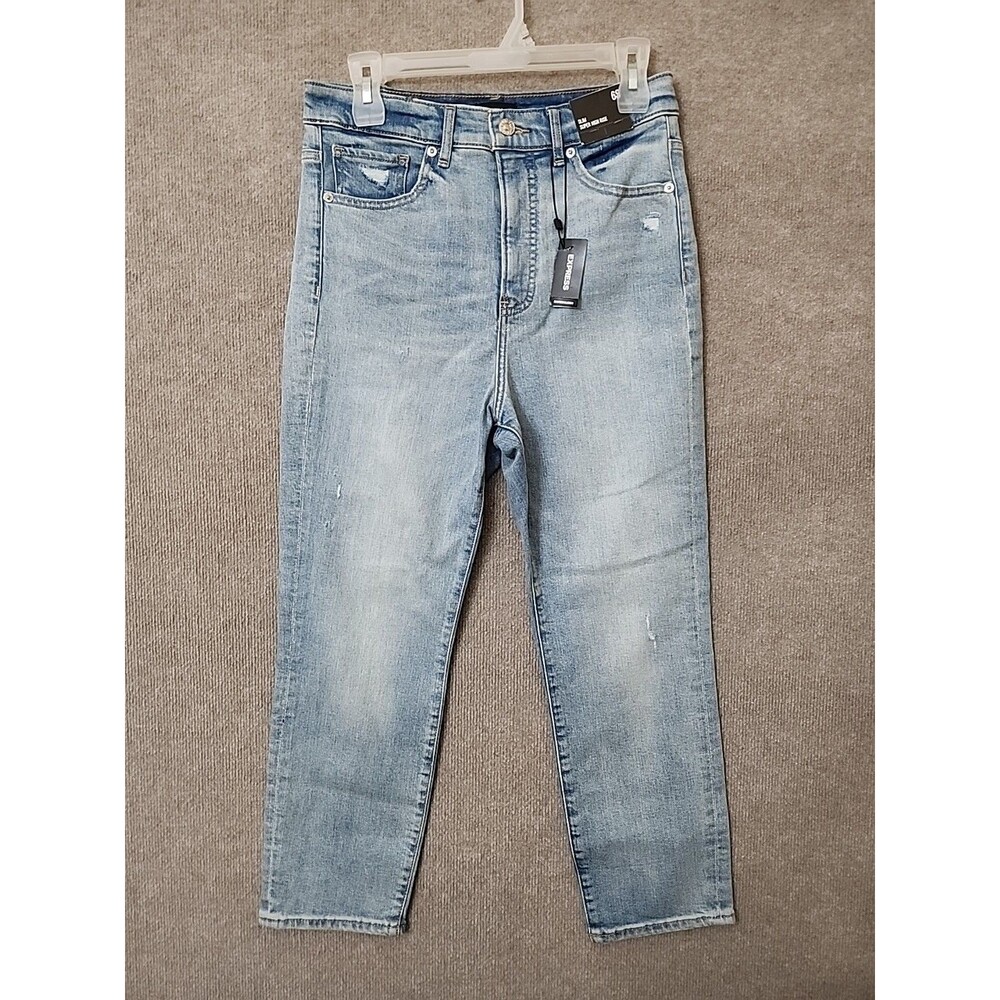 Express Slim Super High Rise Jeans Womens 6 Short Blue Distressed Stretch NEW